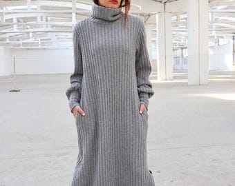 Wolle Winter Maxi Kleid, Rollkragen Pullover Kleid, graues Rippen