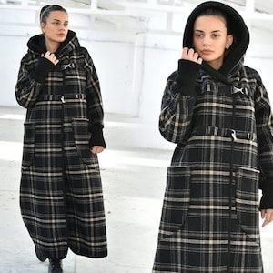 Maxi abrigo a cuadros de lana, abrigo de tartán con capucha, abrigo de invierno Cardigan con bolsillos, ropa de talla grande, abrigo casual largo cómodo