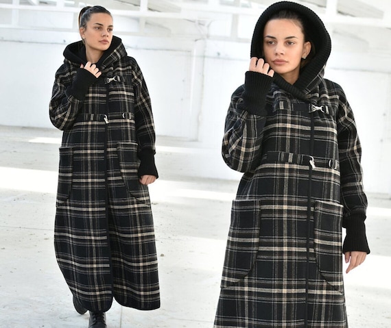 Maxi Wool Plaid Coat Hooded Tartan Coat Winter Cardigan Coat With Pockets Plus Size Clothing Comfy Long Casual Coat Etsy UK