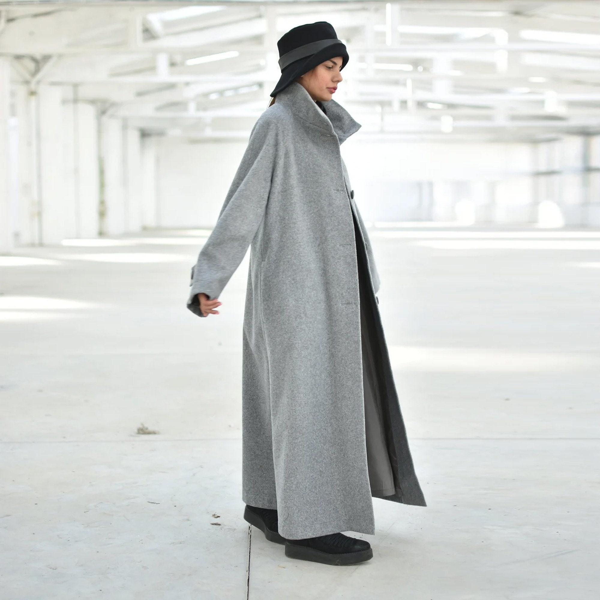 Wool Maxi Coat, Avant Garde Winter Coat, High Collar Long Plus