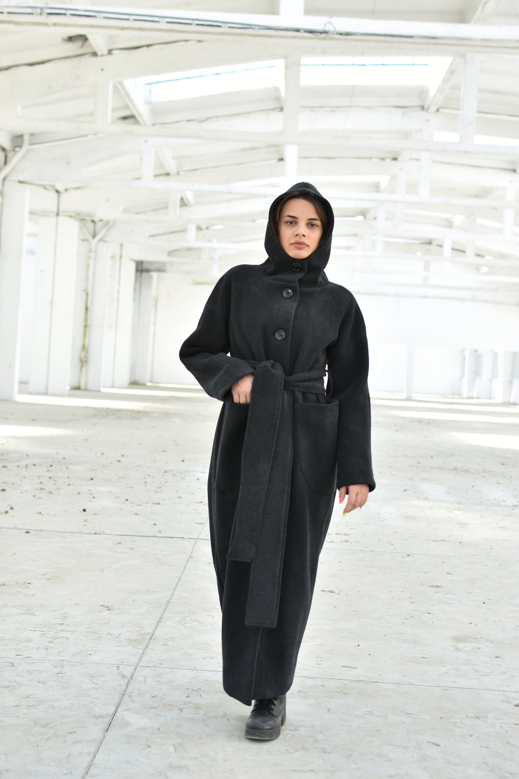 Long Black Wool Coat, Thick Warm Winter Maxi Coat, Hooded Coat