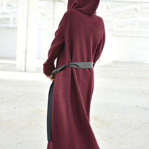 Hooded Maxi Cardigan Coat, Burgundy Merino Wool Cardigan, Extra Long Winter Cardigan Coat, Plus Size Clothing, Wine Red Belted Coat image 8