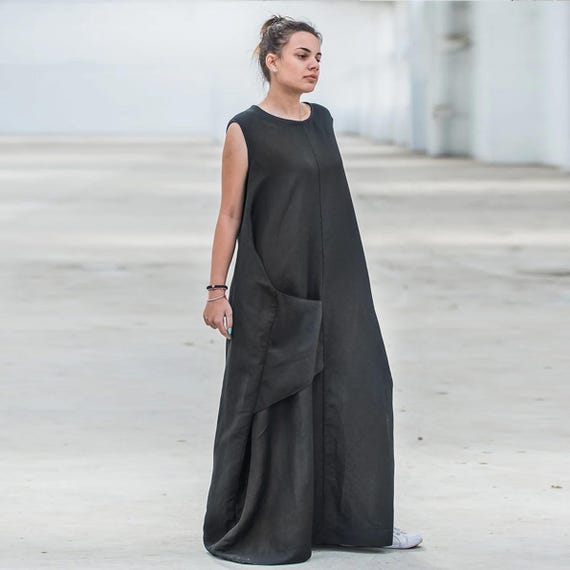Black Flowy Linen Maxi Dress, Oversize Sleeveless Avant Garde Kaftan for  Summer, Boho Garden Party or Beach Vacation Dress, Sizes XS-4XL - Etsy