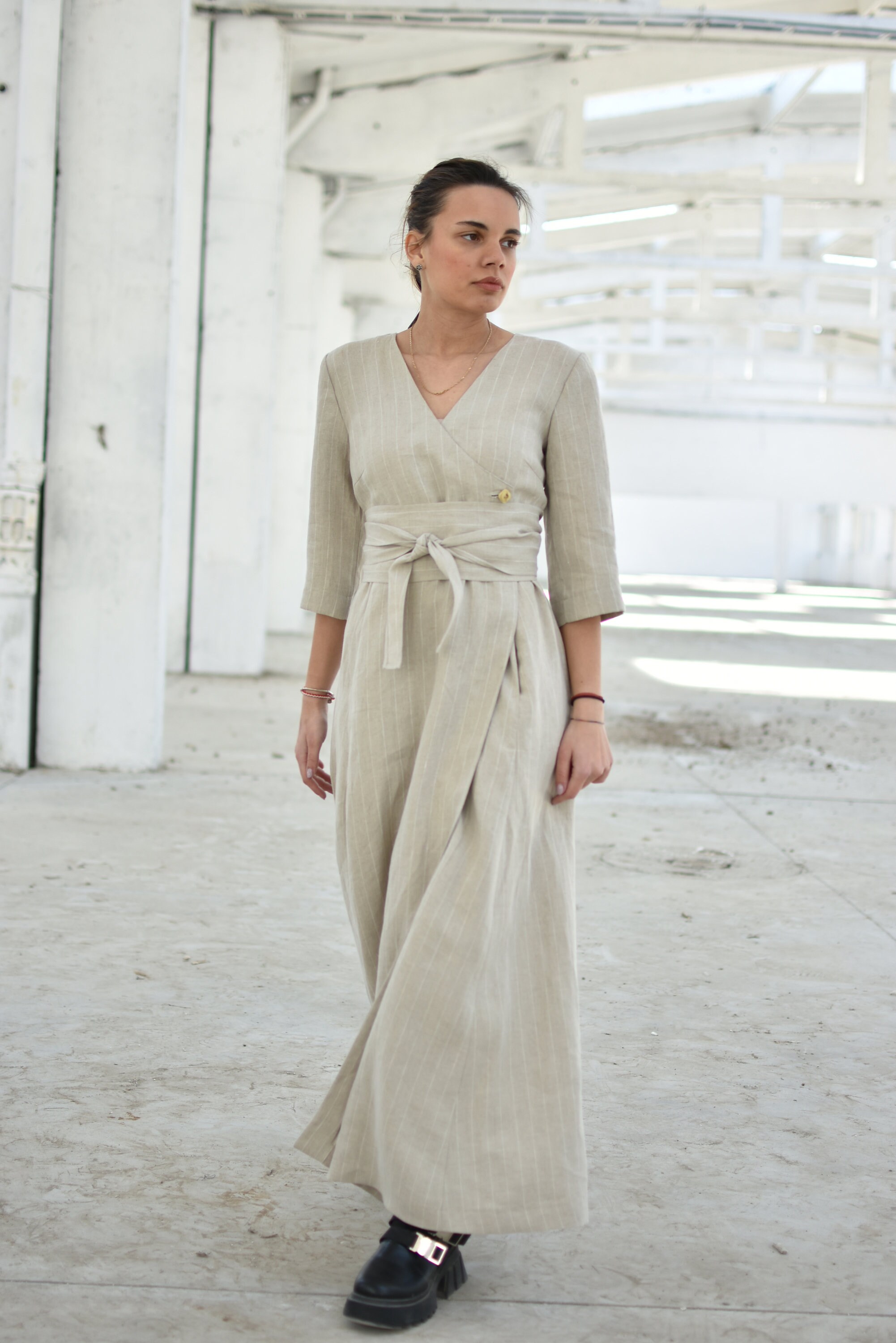Linen Wrap Maxi Dress With Obi Belt and Long Sleeves, Elegant 