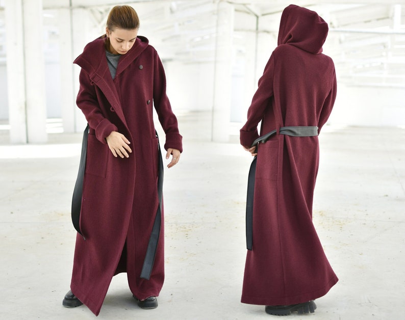 Hooded Maxi Cardigan Coat, Burgundy Merino Wool Cardigan, Extra Long Winter Cardigan Coat, Plus Size Clothing, Wine Red Belted Coat image 1