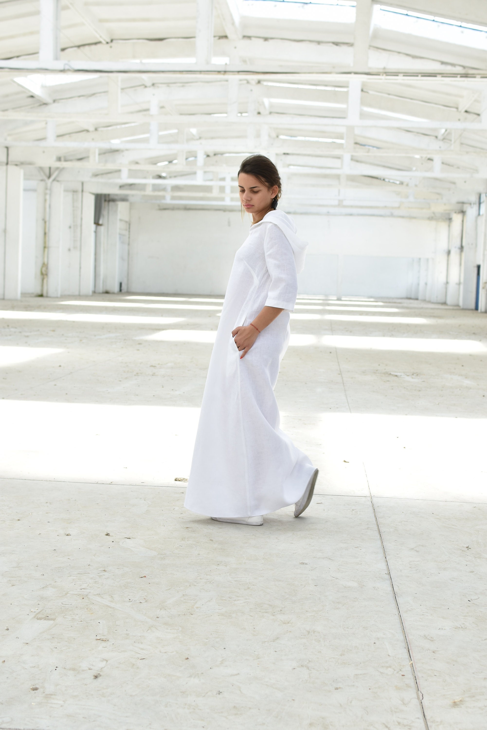 【関税込み】off-white Long hooded dress White Hoodie Sweatshirt Dress, Winter Hooded Dress, Winter