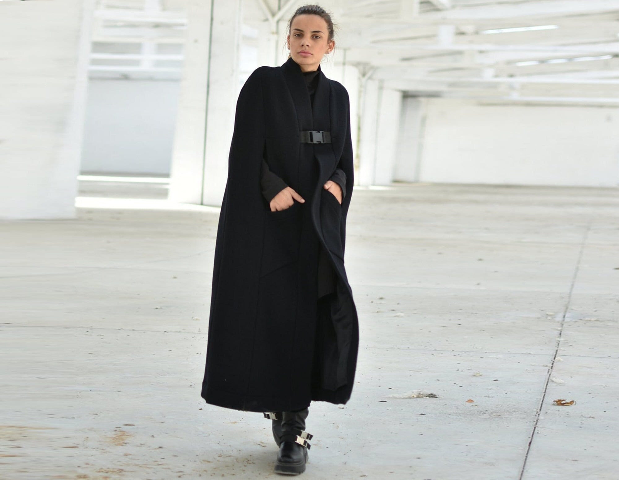 Black Wool Maxi Coat, Elegant Long Cape Coat, Merino Warm Winter