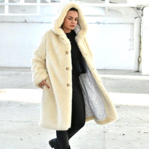 Women Fuzzy Coat, Hooded Cream Teddy Coat, Fluffy Winter Overcoat, Plus Size Clothing, Faux Fur Coat, Warm Oversize Fleece Coat