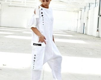 White Linen Baggy Harem Jumpsuit with Drop Shoulder, Studded Avant Garde Summer Overall, Drop Crotch Maxi Extravagant Outfit, Sizes XS-4XL