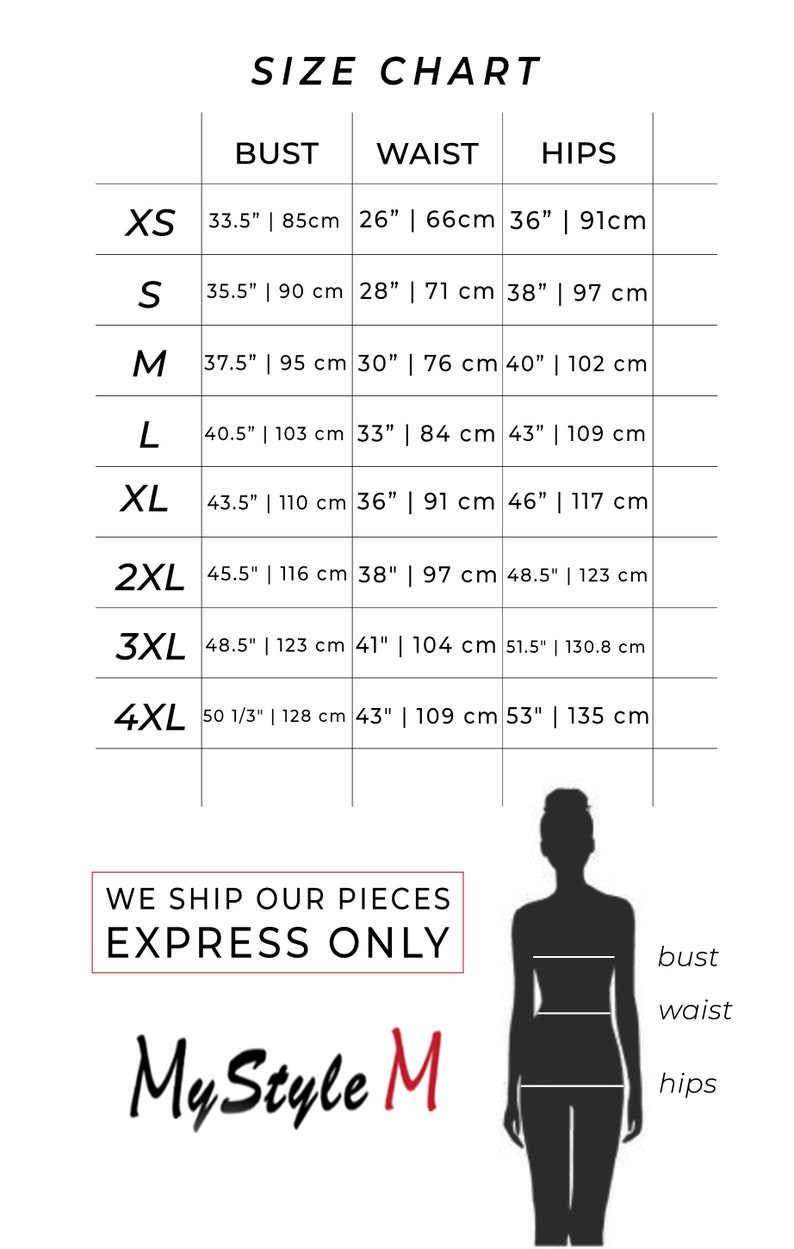 May include: Size chart for clothing with measurements in inches and centimeters. The chart shows bust, waist, and hip measurements for sizes XS to 4XL. The chart also includes a silhouette of a person with labels for bust, waist, and hips.