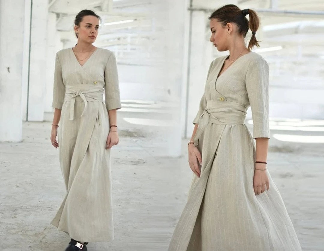 Linen Wrap Maxi Dress, Beige Cottagecore Dress, Summer Wedding Guest Dress, Boho Dress With Belt