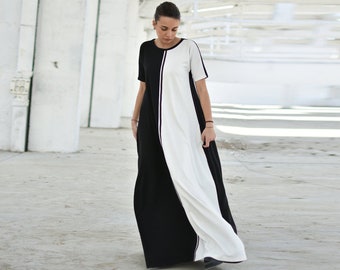 Robe noire et blanche, robe maxi lâche de bloc de couleur, robe minimaliste d'été, vêtements de grande taille, robe longue surdimensionnée, robe à manches courtes