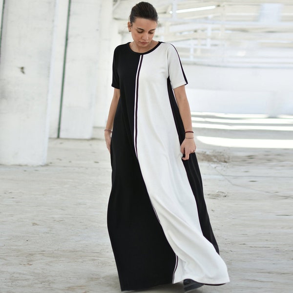 Black and White Dress, Color Block Loose Maxi Dress, Summer Minimalist Dress, Plus Size Clothing, Oversize Long Dress, Short Sleeve Dress