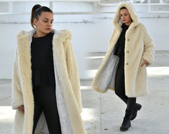 Cream Teddy Coat With Hood and Pockets, Fuzzy Winter Coat - Etsy