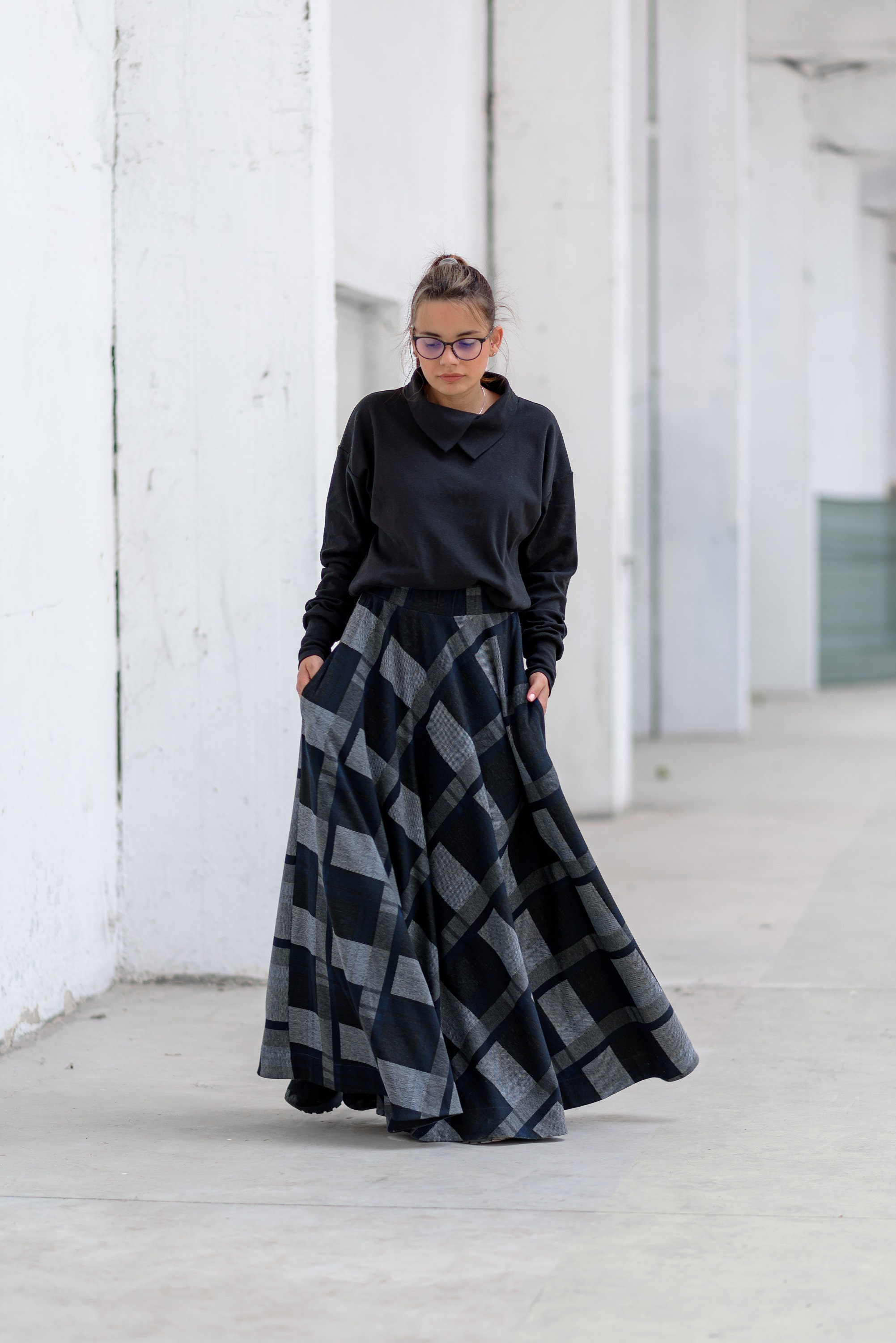 High Waist Plaid Maxi Skirt, Dark Gray Skirt, Long Skirt