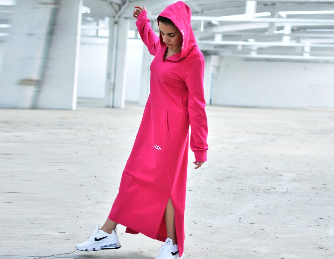 Hot Pink Dress, Loose Maxi Dress, Hooded Dress, Front Pocket Dress