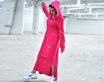 Hot Pink Dress, Loose Maxi Dress, Hooded Dress, Front Pocket Dress, Plus Size Clothing, Avant Garde Dress, Streetwear Fashion, Designer