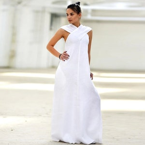 White Linen Dress, White Maxi Dress, Plus Size Linen Clothing, Summer Halter Dress, Boho Plus Size Dress, Wedding Guest Dress For Women image 1