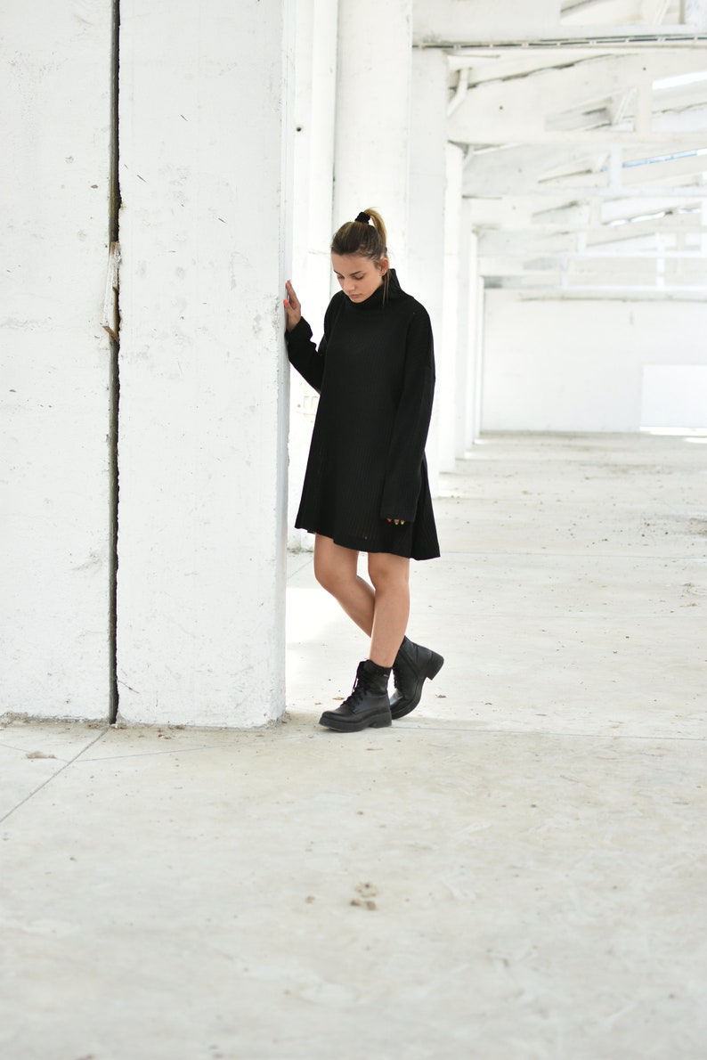 Black Winter Sweater Dress, Wool Turtleneck Dress, Asymmetrical Dress, Oversize Sweater Dress, Wool Clothing, Loose Avant Garde Dress image 3