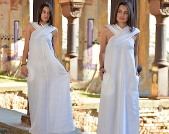 White Linen Summer Dress, Criss Cross Maxi Dress, Elegant Halter Neck Dress, Linen Clothing, Plus Size Linen Dress, Long Beach Wedding Dress