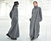 Grey Winter Wool Coat, High Neck Maxi Coat, Women Wool Grey Winter Wool Coat, High Neck Maxi Coat, Women Wool