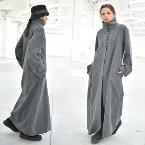 Grey Winter Wool Coat, High Neck Maxi Coat, Women Wool Outerwear, Long Loose Coat, Elegant Streetwear Coat, Women Oversize Ankle Coat