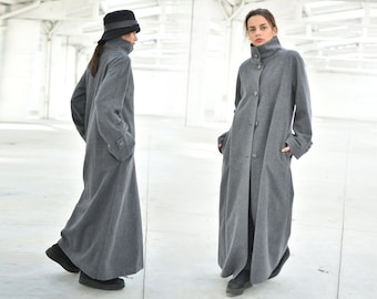 Grauer Winter Wollmantel, High Neck Maxi Mantel, Frauen Wolle Oberbekleidung, langer loser Mantel, eleganter Streetwear Mantel, Frauen Oversize Knöchelmantel