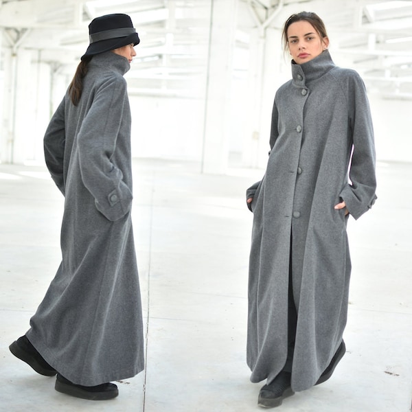 Grauer Winter Wollmantel, High Neck Maxi Mantel, Frauen Wolle Oberbekleidung, langer loser Mantel, eleganter Streetwear Mantel, Frauen Oversize Knöchelmantel