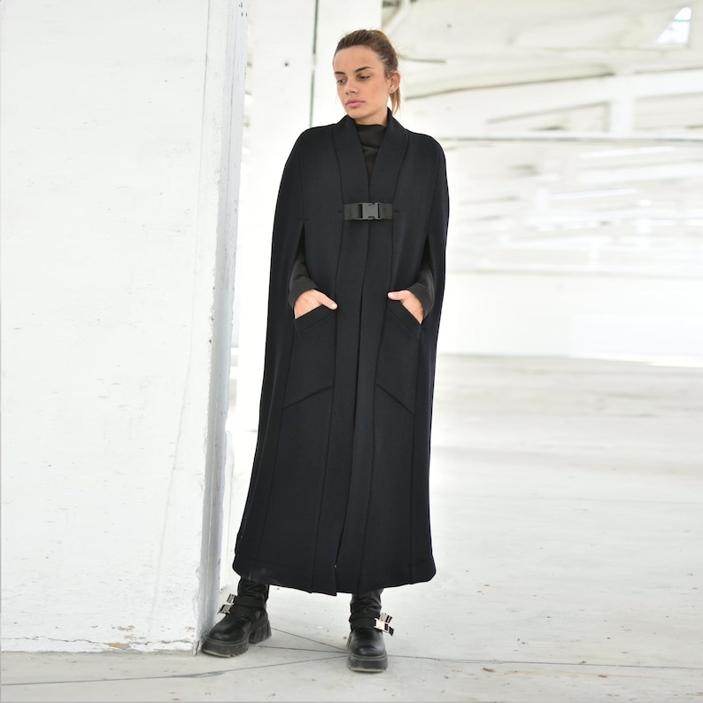 Long Black Cloak Coat With Pockets, Merino Wool Coat, Boucle Winter Maxi Coat, Elegant Wool Cape Coat, Women Gothic Coat, Loose Fit Overcoat image 1