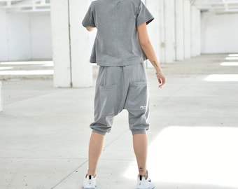 Gray Sweatsuit Co-ord Set of Harem Capri Shorts and Loose T-shirt