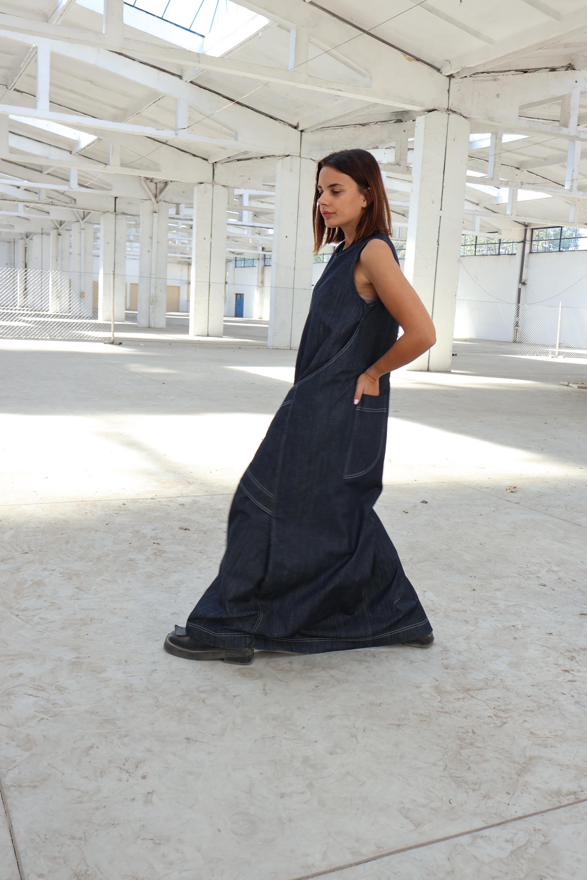 Denim Maxi Dress, Long Avant Garde Dress, Futuristic Dress