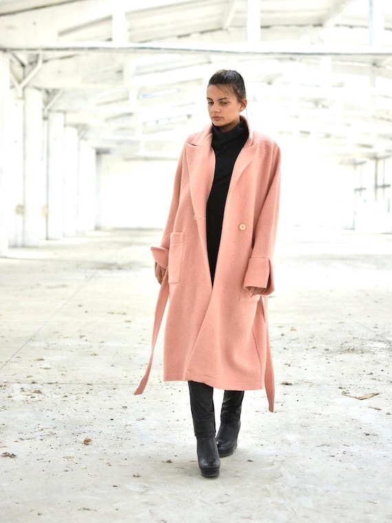Women Pink Wool Coat, Minimalist Loose Urban Overcoat, Elegant