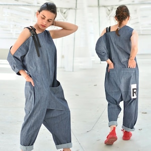 Denim Jumpsuit With Pocket, Women Romper, Harem Jumpsuit, Loose Fit Jumpsuit, Plus Size Clothing, Avant Garde Jumpsuit, Futuristic Clothing