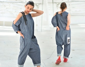 Denim jumpsuit met zak, vrouwen romper, harem jumpsuit, loose fit jumpsuit, plus size kleding, avant-garde jumpsuit, futuristische kleding