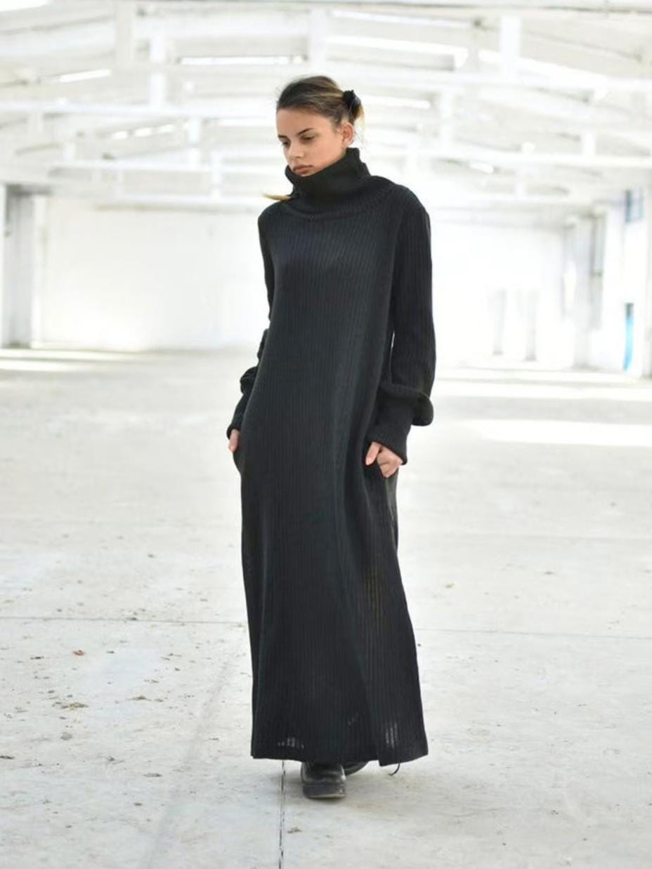 Winter Turtleneck Dress, Loose Maxi Sweater Dress, Wool Sweater Turtleneck Dress, Quiet Luxury Clothing, Gray Long Knit Dress
