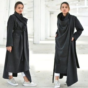 Black Wool Coat, Futuristic Maxi Coat, Cybergoth Trendy Cowl Neck Coat ...