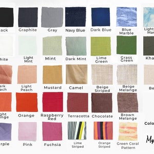 May include: Color catalog for linen fabric swatches in various colors, including black, white, gray, blue, green, peach, orange, red, purple, pink, and beige. The swatches are arranged in rows and columns, with the color name printed below each swatch. The catalog also includes a few striped and patterned swatches.