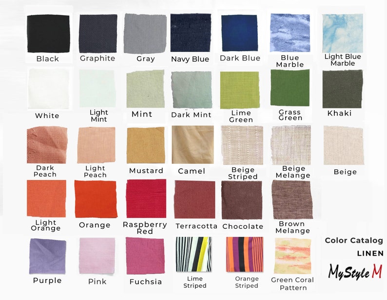 May include: Color catalog for linen fabric swatches in various colors, including black, white, gray, blue, green, peach, orange, red, purple, pink, and beige. The swatches are arranged in rows and columns, with the color name printed below each swatch. The catalog also includes a few striped and patterned swatches.
