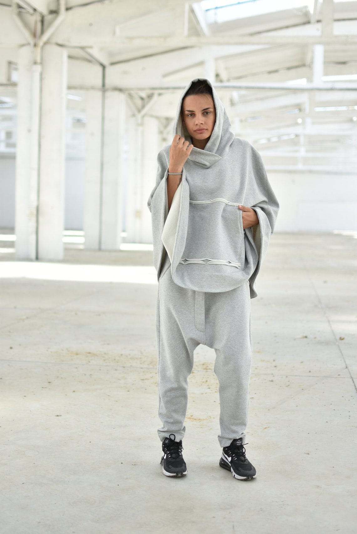 Set Black Hooded Poncho and Black Harem Pants, Winter