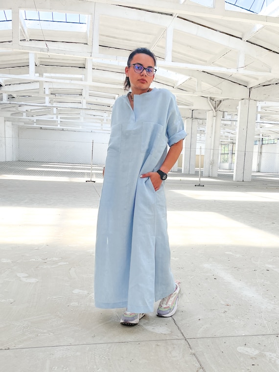 Light Blue Linen Shirt Dress With Pockets and Short Sleeves, Maxi Relaxed  Summer Baby Shower or Garden Party Dress, Beach Cover Up, XS-4XL - Etsy  Israel
