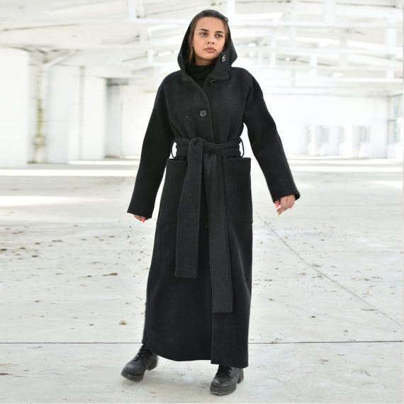Hooded Wool Coat With Large Pockets Long Gothic Overcoat Plus Size