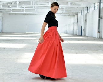 Elegant Maxi Skirt, High Waisted Victorian Walking Skirt, Coral Full Flare Skirt, Plus Size Skirt, Summer Gathered Skirt, Cocktail Skirt