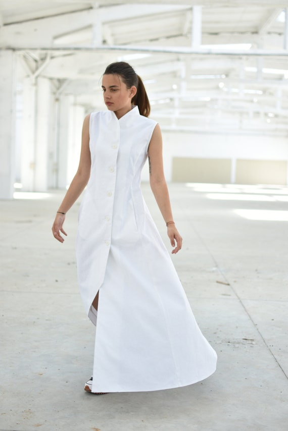 White Linen Structured Dress With Stand Collar, Sleeveless Button Down Maxi Dress, Minimalist Asymmetric Summer Shirt Dress, Sizes XS-4XL - Etsy Israel White Linen Structured Dress With Stand Collar, Sleeveless Button Down Maxi Dress, Minimalist Asymmetric Summer Shirt Dress, Sizes XS-4XL - Etsy Israel