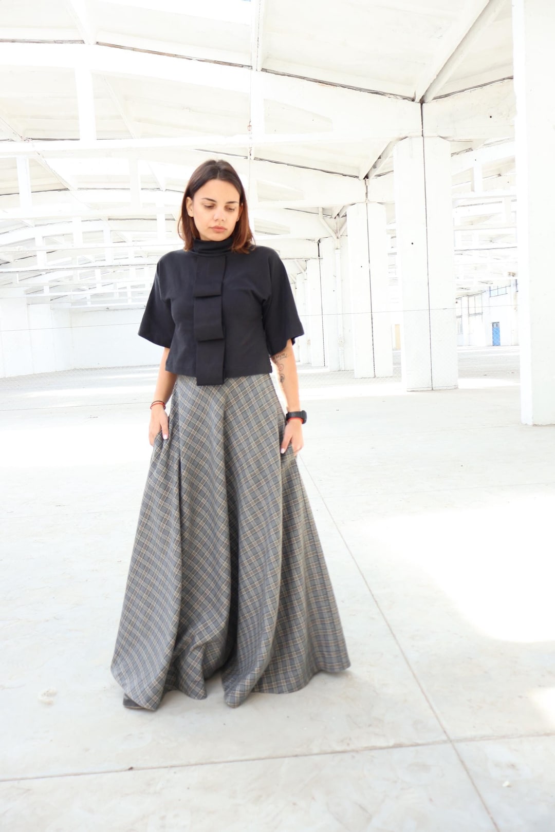 Gray Plaid Wool Maxi Skirt, Warm Flare Winter Skirt, High Waisted