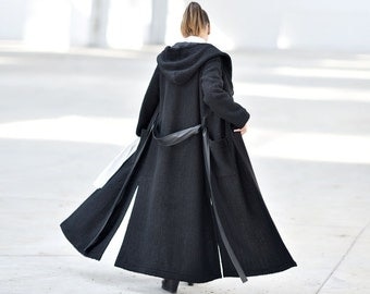Long Black Wool Coat, Hooded Winter Coat, Oversized Belted Maxi Coat, Warm Wool Clothing, Plus Size Clothing, Avant Garde Coat with Slits