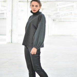Grey Turtleneck Wool Sweater, Wide Sleeves Sweater, Leopard Print Pullover, Winter Knit Blouse, Women Warm Sweater, Long Sleeves Top image 4