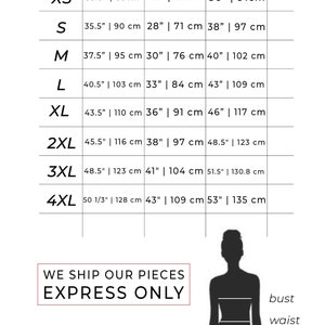 May include: Size chart for clothing with measurements in inches and centimeters. The chart shows bust, waist, and hip measurements for sizes XS to 4XL. The chart also includes a silhouette of a person with labels for bust, waist, and hips.