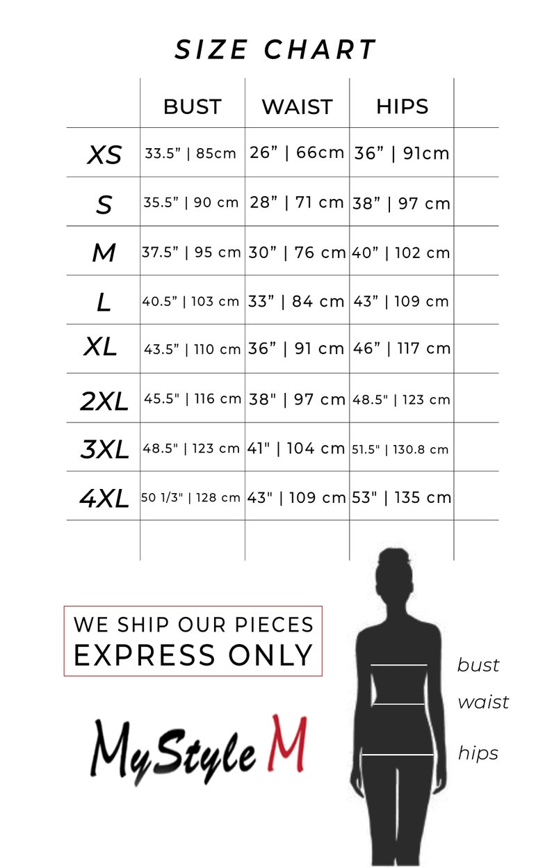 May include: Size chart for clothing with measurements in inches and centimeters. The chart shows bust, waist, and hip measurements for sizes XS to 4XL. The chart also includes a silhouette of a person with labels for bust, waist, and hips.