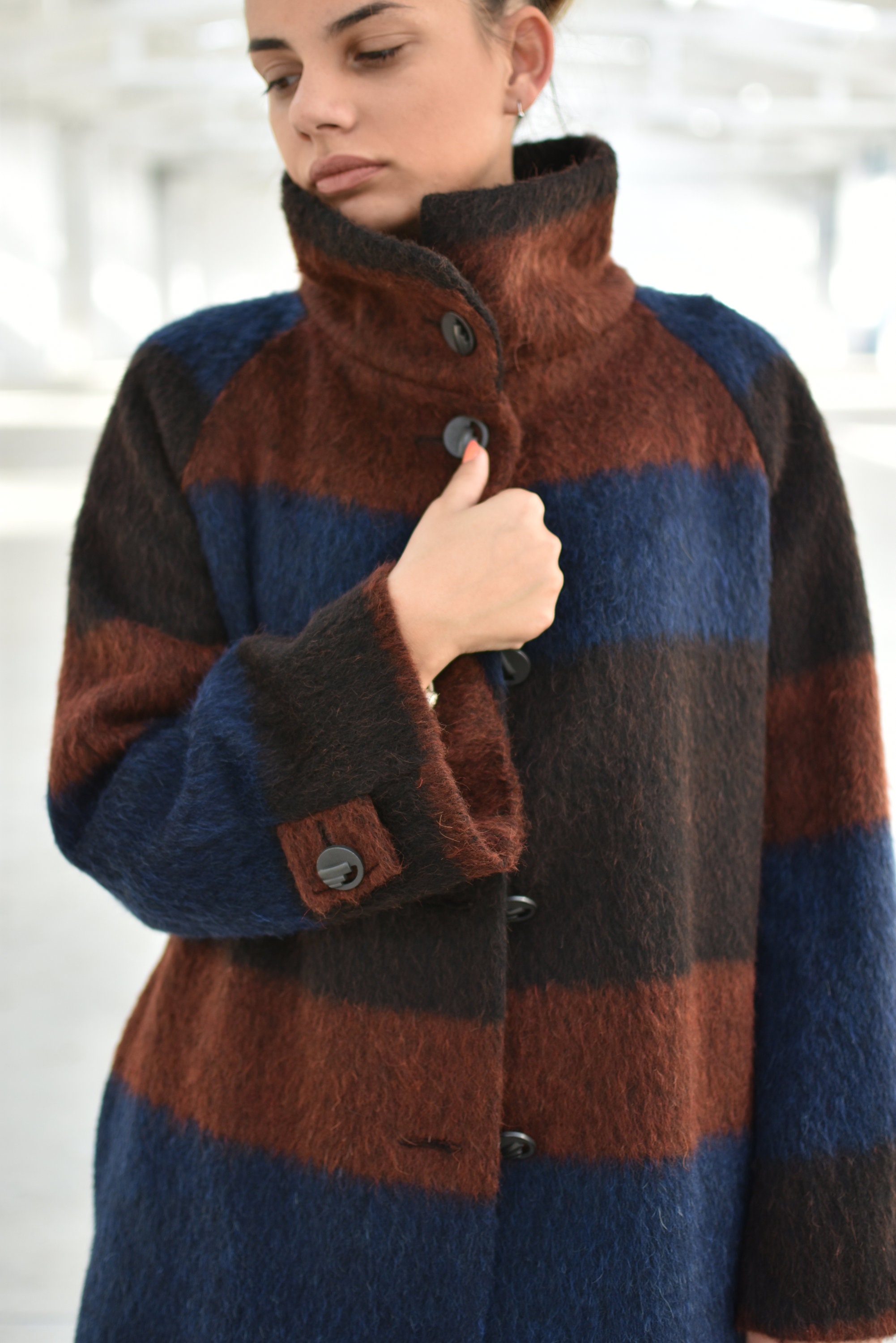 Elegant Funnel Neck Wool Long Coat, Striped Warm Winter Midi Women