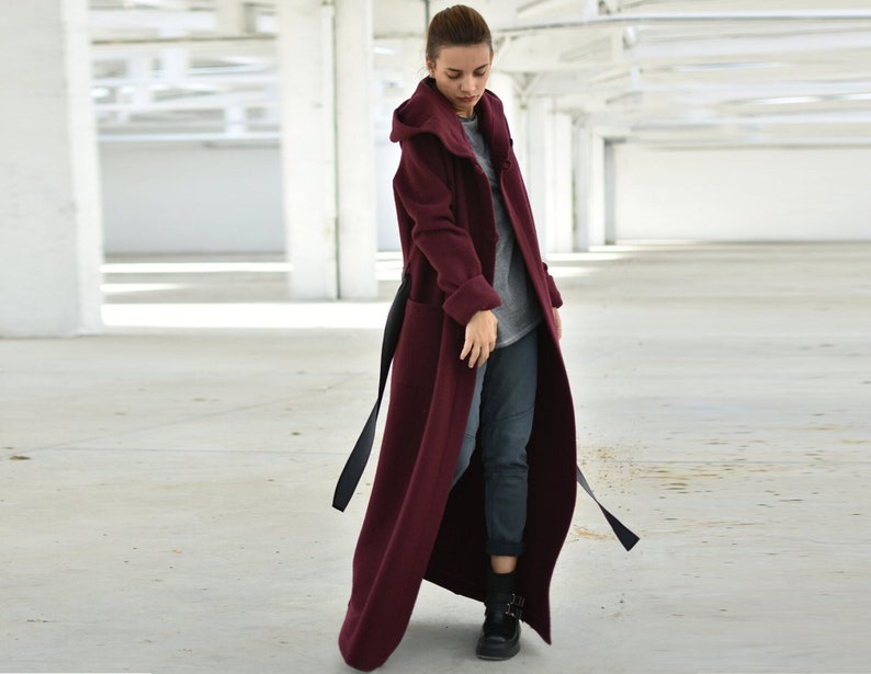 Hooded Maxi Cardigan Coat, Burgundy Merino Wool Cardigan, Extra Long Winter Cardigan Coat, Plus Size Clothing, Wine Red Belted Coat image 2